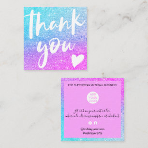 Modern script blue pink glitter thank you square business card