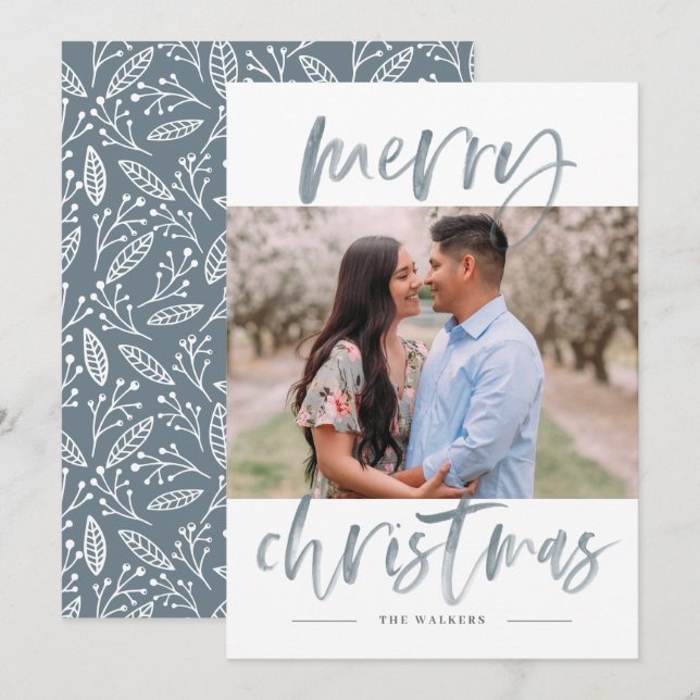 Modern Script Blue Watercolor Calligraphy Holiday Card (Front/Back)