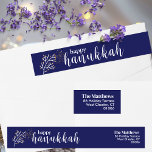 Modern Script Blue & White Hanukkah Return Address Wrap Around Label<br><div class="desc">A stylish modern script set against a dark blue background creates an eye-catching Hanukkah Return Address Wrap Around Label.
Size: Classic - 1" x 7.25"
Sheet of 24 self-adhesive labels
Dimensions: 7.25"l x 1"w (per label)
Matte finish,  easy to write on</div>