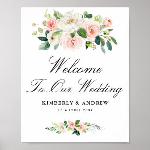 modern script blush floral wedding welcome sign