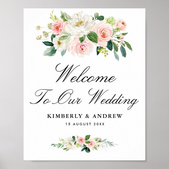 modern script blush floral wedding welcome sign (Front)
