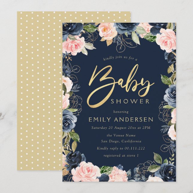 Modern script blush & navy baby shower invitation (Front/Back)