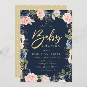Modern script blush & navy baby shower invitation