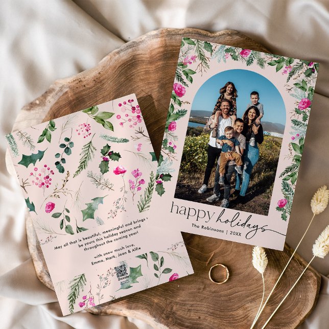 Modern Script Blush Pink Floral Foliage Arch Photo Holiday Card (Creator Uploaded)