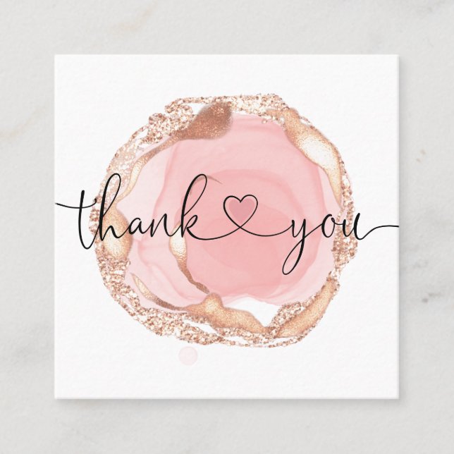 modern script blush pink heart thank you for order square business card (Front)