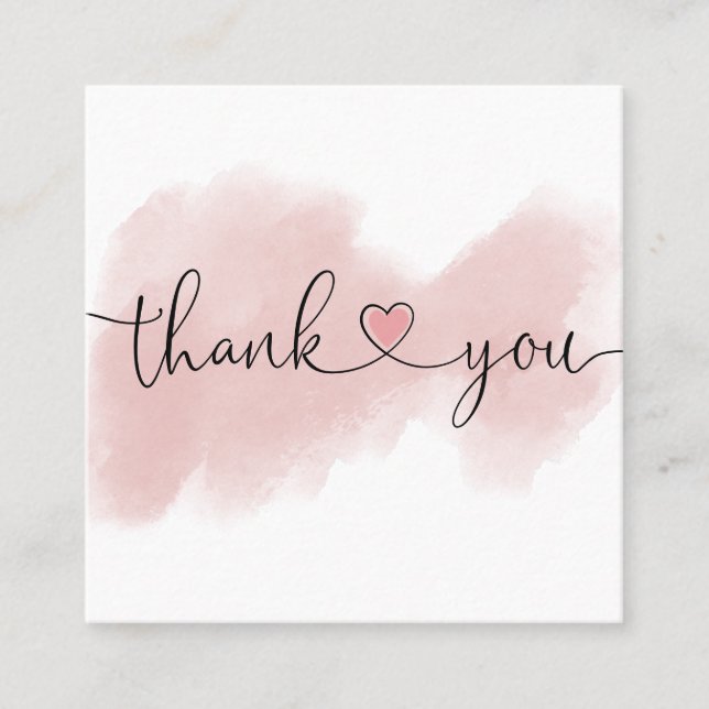 modern script blush pink heart thank you for order square business card (Front)