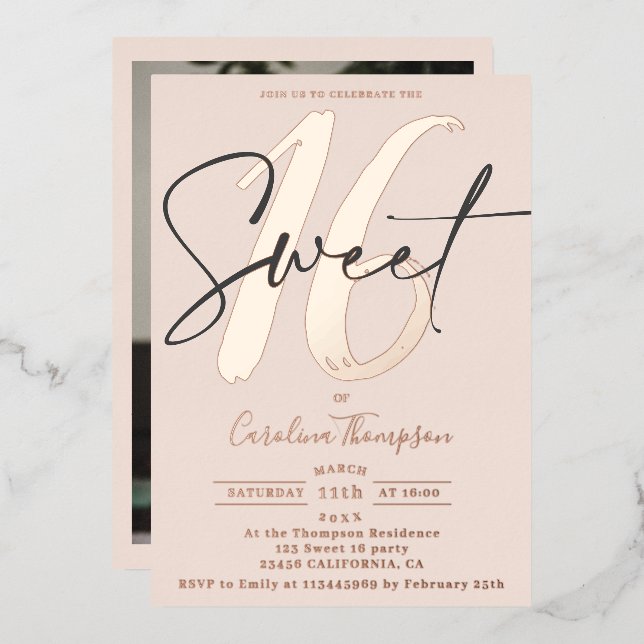Modern script blush pink photo Sweet 16 rose gold (Front/Back)