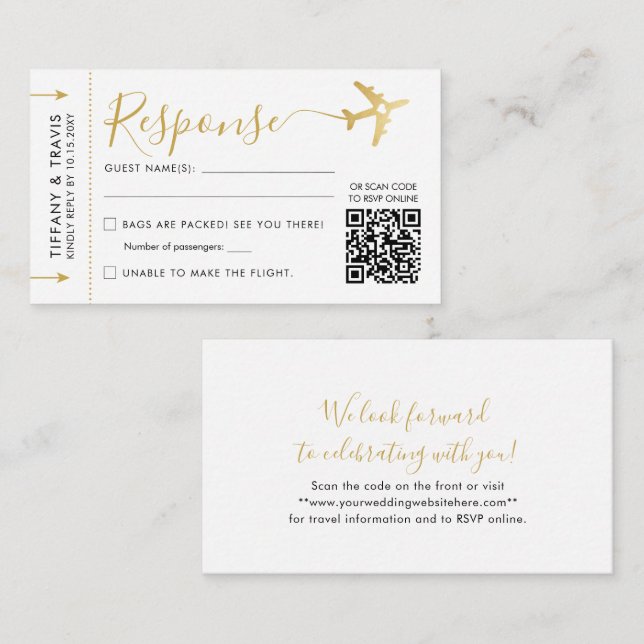Modern Script Boarding Pass Ticket Mini QR RSVP Enclosure Card (Front/Back)
