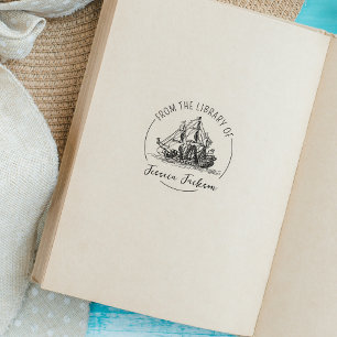 Modern Script Bookplate Ship Nautical Book  Rubber Stamp