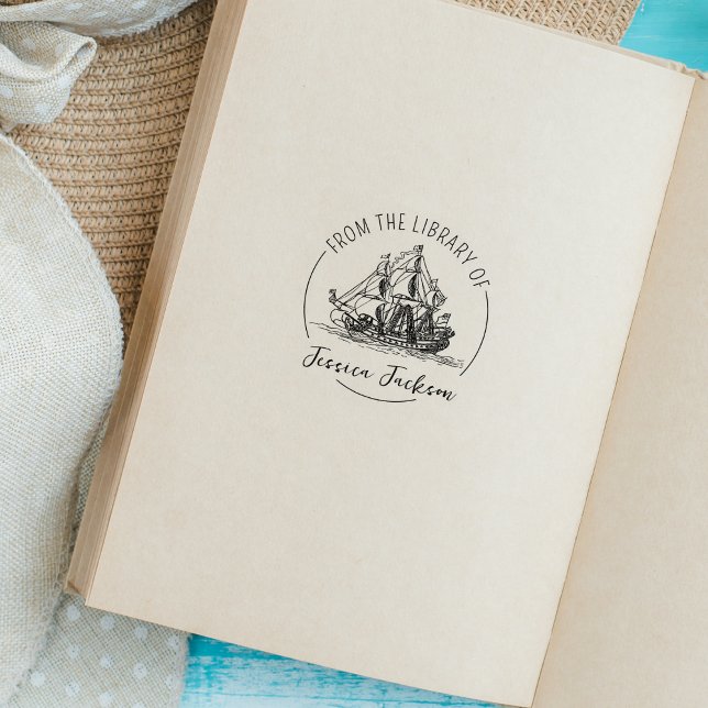 Modern Script Bookplate Ship Nautical Book  Rubber Stamp (Creator Uploaded)