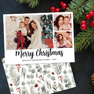Modern Script Botanical 3 Photo Collage Christmas  Holiday Card