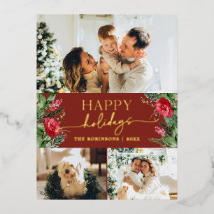 Modern Script Botanical Burgundy Red 3 Photo Gold Foil Holiday Postcard