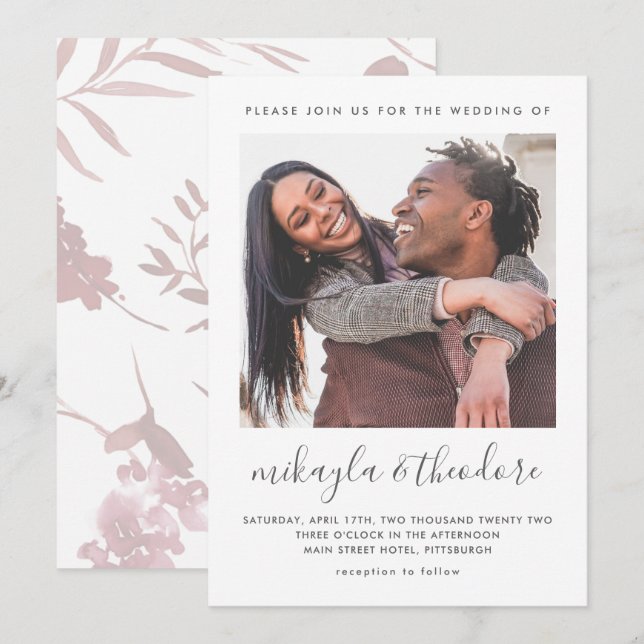 Modern Script Botanical Photo Wedding Invitation (Front/Back)