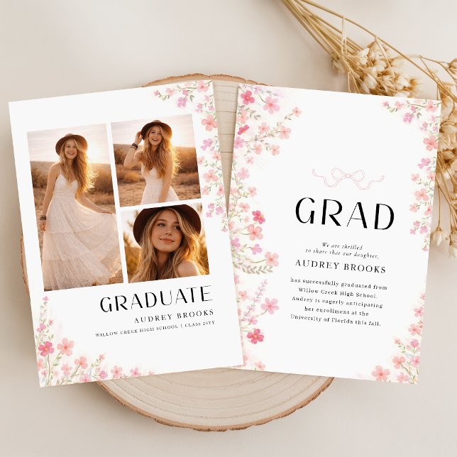 Modern Script Bow Floral Photo Collage Graduation Announcement (Creator Uploaded)