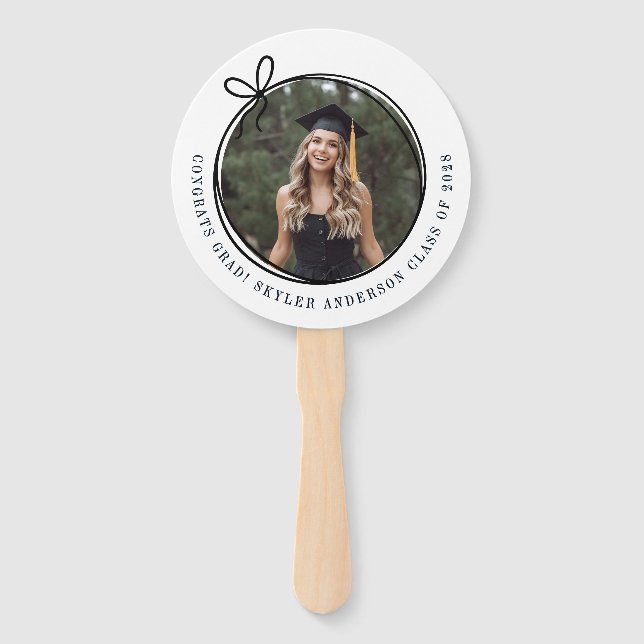 Modern Script Bow Senior Photo Graduation  Hand Fan (Front)