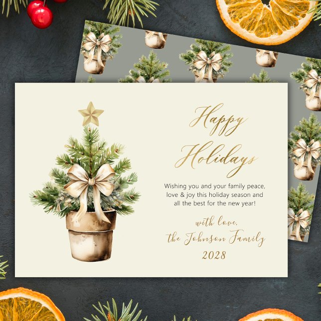 Modern Script Bow Watercolor Christmas Tree Happy Holiday Card (Creator Uploaded)