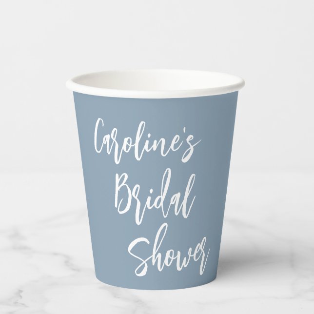 Modern Script Bridal Shower Custom Dusty Blue Paper Cups (Front)