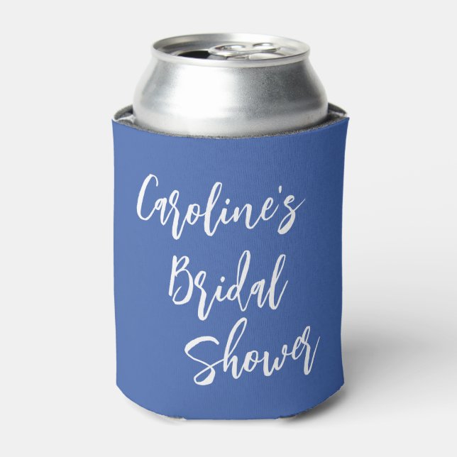 Modern Script Bridal Shower Custom Royal Blue Can Cooler (Can Front)
