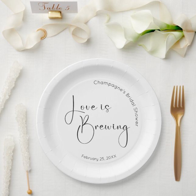 Modern Script Bridal Shower Love Is Brewing Paper Plate (Wedding)