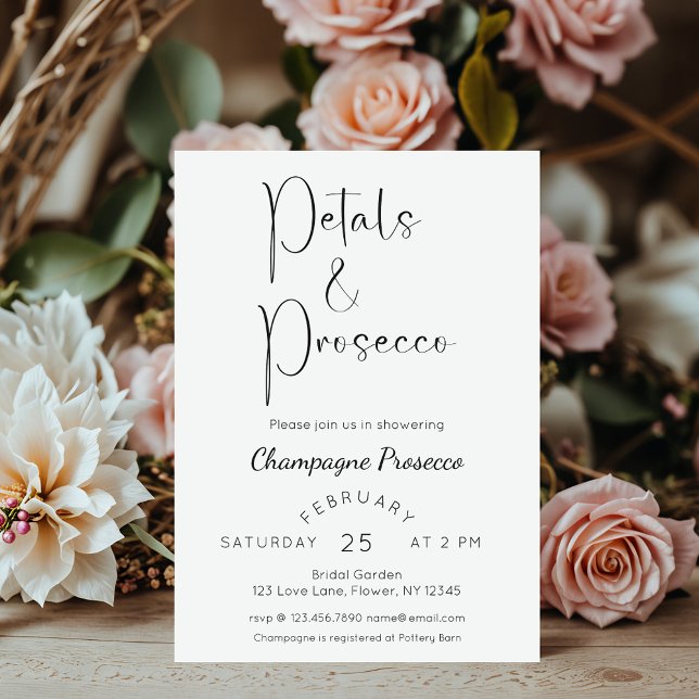 Modern Script Bridal Shower Petals and Prosecco Invitation (Creator Uploaded)