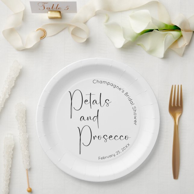 Modern Script Bridal Shower Petals and Prosecco Paper Plate