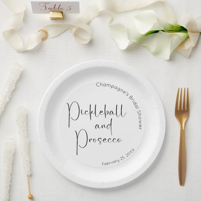 Modern Script Bridal Shower Pickleball & Prosecco Paper Plate (Wedding)
