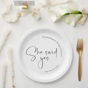 Modern Script Bridal Shower She Said Yes Paper Plate