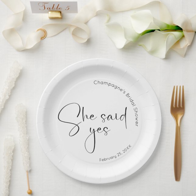 Modern Script Bridal Shower She Said Yes Paper Plate (Wedding)