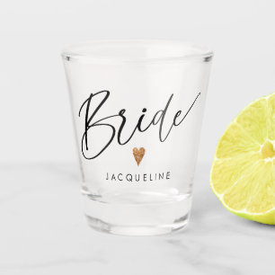 Modern Script Bride Rose Gold Heart Script w Name Shot Glass