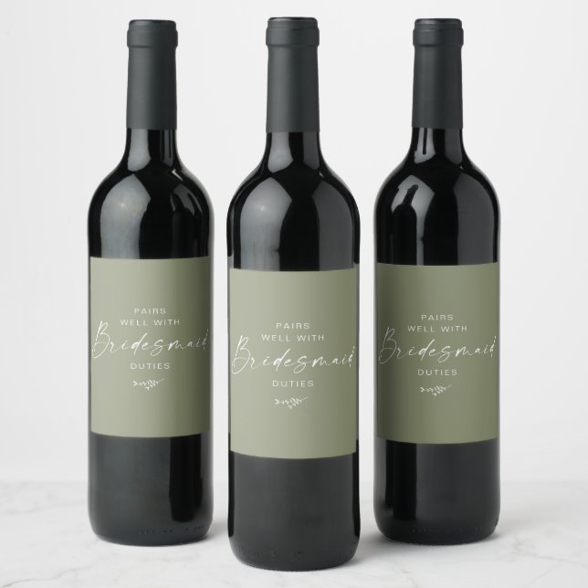 Modern Script Bridesmaid Proposal Sage Wine Label (Bottles)