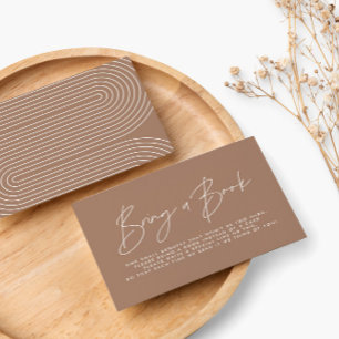 Modern script brown tan baby shower bring a book card