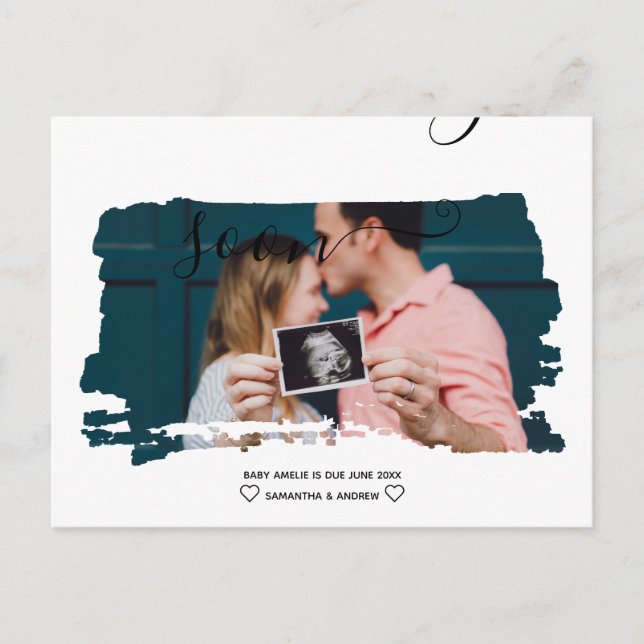 Modern script brush typography photo pregnancy announcement postcard (Front)