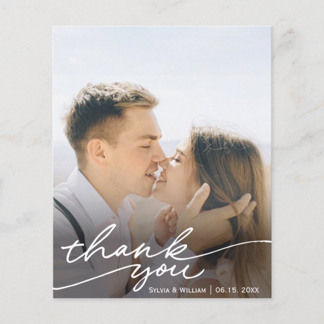 Modern Script Budget Wedding Photo Thank You Card (Front)