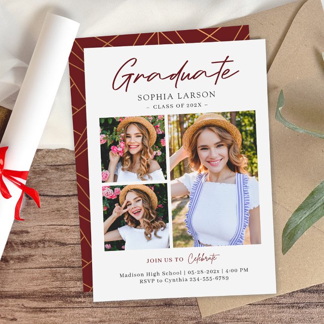Modern Script Burgundy 3 Photo Collage Graduation Announcement (Creator Uploaded)