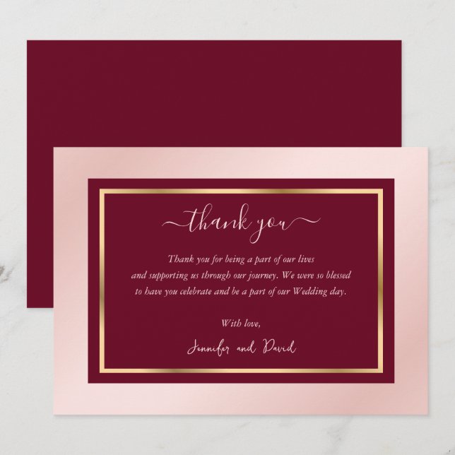Modern Script Burgundy Blush Gold Thank You Card (Front/Back)
