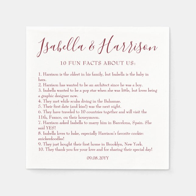 Modern Script Burgundy Fun Facts Wedding Napkins (Front)
