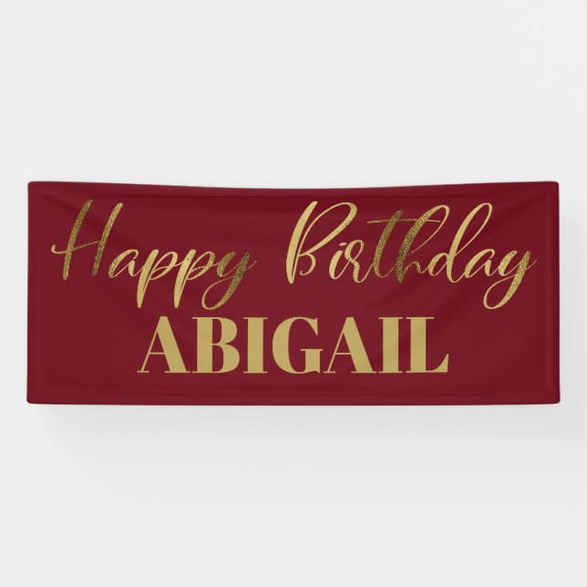 Modern Script Burgundy Gold Happy Birthday Banner (Horizontal)