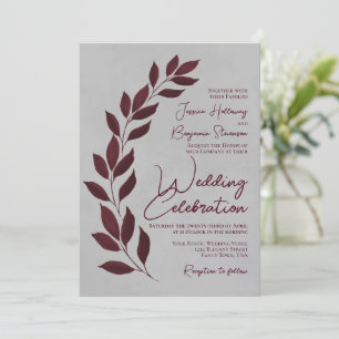 Modern Script Burgundy Leaves on Grey Wedding Invitation