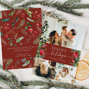 Modern Script Burgundy Red Winter Foliage Photo Holiday Card