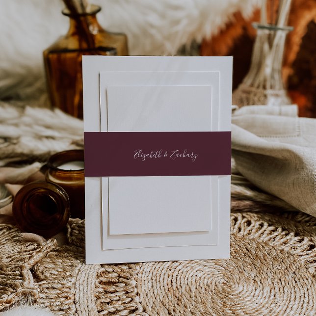 Modern Script Burgundy Wedding Invitation Belly Band (Creator Uploaded)