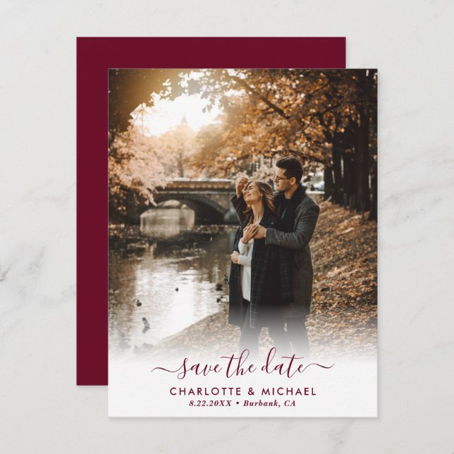 Modern Script Burgundy Wedding Photo Announcement (Front/Back)