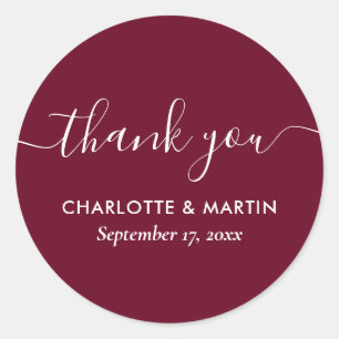 Modern Script Burgundy Wedding Shower Thank You Classic Round Sticker