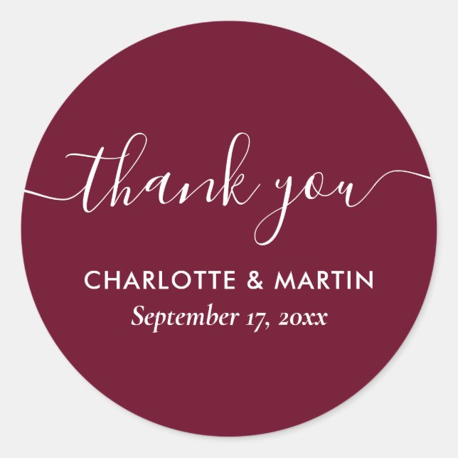 Modern Script Burgundy Wedding Shower Thank You Classic Round Sticker (Front)