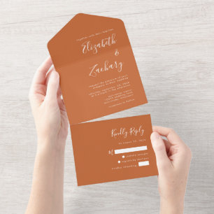 Modern Script Burnt Orange Wedding All In One Invitation