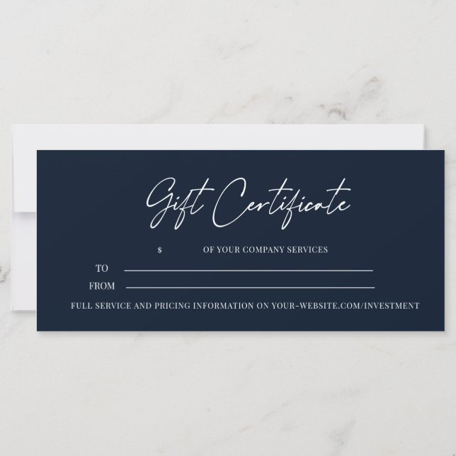 Modern Script  Business Gift Certificate Navy (Back)