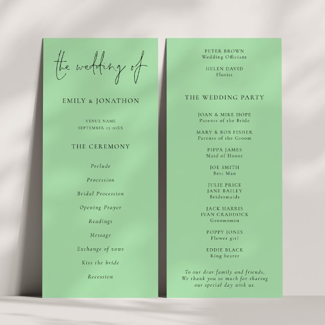 Modern Script Caledon Green Wedding Program Invitation (Front and back view)