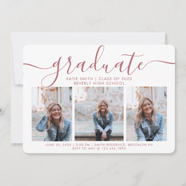 Modern Script Caliigraphy 3 Photo Graduation Invitation (Front)