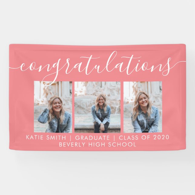 Modern Script Calligraphy 3 Photo Graduation Banne Banner (Horizontal)