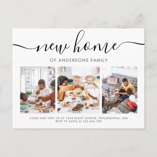 Modern Script Calligraphy 3 Photo New Home Moving Announcement Postcard (Front)
