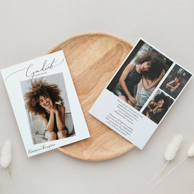 Modern Script Calligraphy 4 Photo Graduation  Announcement (Creator Uploaded)